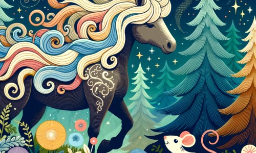 Une illustration destinée aux enfants représentant un majestueux cheval aux crins virevoltants, qui rêve de liberté, accompagné d'une petite souris curieuse, traversant une forêt dense et colorée, à la recherche d'une prairie lointaine remplie de fleurs chatoyantes.