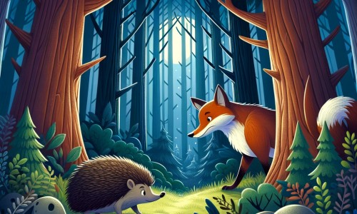 Une illustration destinée aux enfants représentant un hérisson courageux et curieux, se retrouvant piégé par un renard rusé, dans une forêt dense et sombre, remplie de grands arbres majestueux et de buissons touffus.
