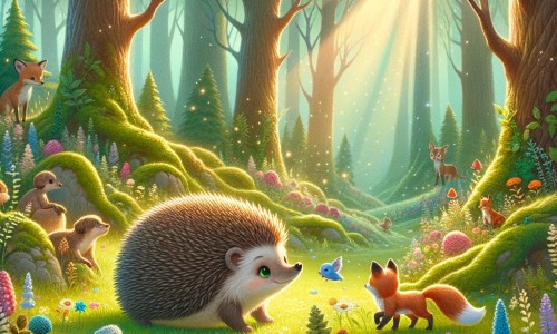 Une illustration destinée aux enfants représentant un hérisson solitaire, cherchant des amis dans une forêt dense et profonde, accompagné d'un renardeau, dans une clairière enchantée remplie de fleurs colorées et d'arbres majestueux.