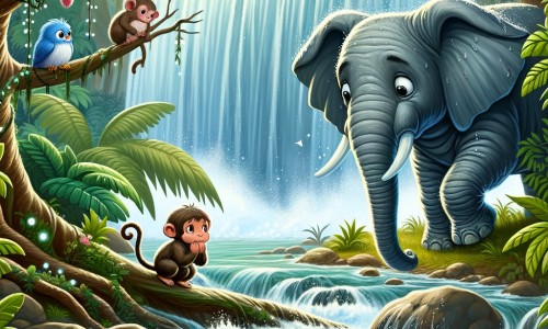 Une illustration destinée aux enfants représentant un éléphant timide et solitaire, confronté à sa peur de l'eau, accompagné d'un petit singe curieux, dans une jungle dense d'Afrique, avec des cascades d'eau scintillantes et une végétation luxuriante.