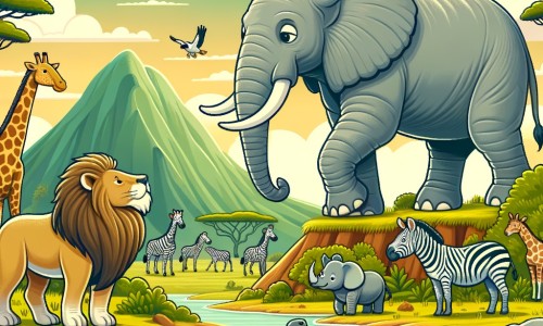 Une illustration destinée aux enfants représentant un majestueux éléphant traversant une savane luxuriante et faisant la rencontre d'un lion arrogant, tandis que des girafes, des zèbres, des rhinocéros et des crocodiles observent attentivement depuis les montagnes qui entourent cet incroyable paysage.