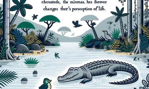 Une illustration destinée aux enfants représentant un crocodile solitaire, nageant dans une rivière paisible de la jungle, où il fera la rencontre d'un petit oiseau blessé, qui changera à jamais sa perception de la vie.