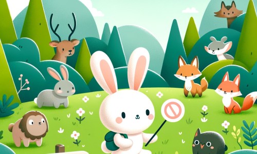 Une illustration destinée aux enfants représentant un adorable lapin aventurier se trouvant dans une prairie verdoyante entourée de collines, accompagné de divers animaux de la forêt interdite.
