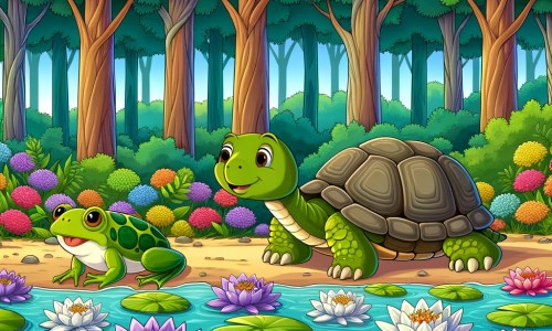 Une illustration destinée aux enfants représentant une tortue lente et solitaire, accompagnée d'une grenouille sautillante, dans une forêt luxuriante remplie de nénuphars colorés.