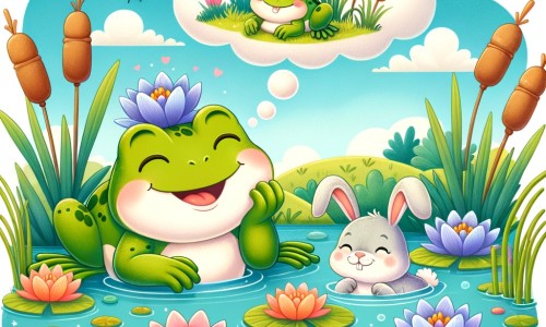 Une illustration destinée aux enfants représentant une joyeuse grenouille rêveuse, accompagnée d'un petit lapin, dans un étang enchanteur bordé de roseaux et de nénuphars multicolores.