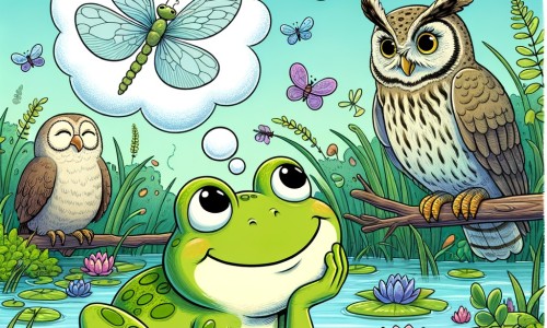 Une illustration destinée aux enfants représentant une charmante grenouille rêveuse, entourée d'un vieux hibou sage, dans un marais verdoyant où les libellules et les papillons virevoltent joyeusement dans les airs.