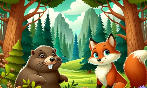 Une illustration destinée aux enfants représentant une marmotte malicieuse, accompagnée d'un renard rusé, dans une forêt enchantée aux arbres majestueux et à la végétation luxuriante.