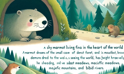 Une illustration pour enfants représentant une marmotte timide, vivant dans une petite grotte au cœur d'une forêt dense, qui rêve de voir le monde et de faire de nouvelles rencontres.