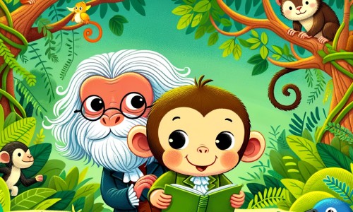 Une illustration destinée aux enfants représentant un singe facétieux et curieux, accompagné d'un singe savant, dans une jungle luxuriante où les arbres s'entremêlent et les animaux exotiques se cachent parmi les feuilles vertes éclatantes.