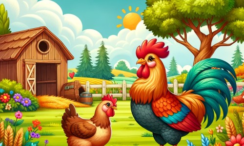 Une illustration destinée aux enfants représentant une jolie poule courageuse se tenant fièrement au milieu d'une ferme colorée, accompagnée d'un coq majestueux, dans un décor champêtre avec des arbres verdoyants, des fleurs colorées et un poulailler en bois.