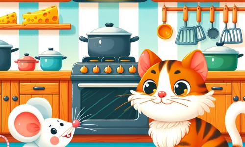 Une illustration destinée aux enfants représentant une petite souris intrépide, confrontée à un chat affamé, dans une cuisine colorée remplie de casseroles étincelantes et de placards remplis de délicieux morceaux de fromage.