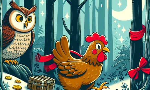 Une illustration destinée aux enfants représentant une poule audacieuse et intrépide qui part à la recherche d'un trésor légendaire, accompagnée d'un vieux hibou sage, dans une forêt dense et mystérieuse où les arbres semblent murmurer des secrets.