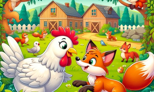 Une illustration destinée aux enfants représentant une adorable poule aux plumes brillantes, confrontée à un rusé renard, dans une ferme pittoresque entourée de champs verdoyants et d'une cour animée par d'autres animaux.