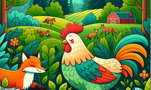 Une illustration destinée aux enfants représentant une poule fière et colorée, perdue dans une forêt dense, accompagnée d'un renard rusé, dans une ferme entourée de champs verdoyants et de collines ondulantes.