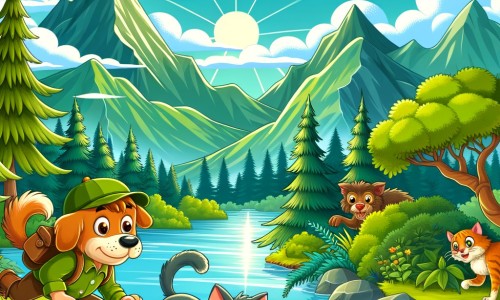 Une illustration destinée aux enfants représentant un chien aventurier, accompagné d'un chat affamé, explorant un paysage luxuriant avec des montagnes verdoyantes, une rivière scintillante et des arbres majestueux, à la recherche de nourriture.