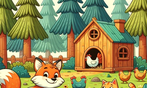 Une illustration destinée aux enfants représentant un renard rusé et affamé, cherchant à se nourrir dans un poulailler, accompagné d'un chat roux, dans une clairière en lisière de la forêt, avec des arbres majestueux et un poulailler en bois coloré.