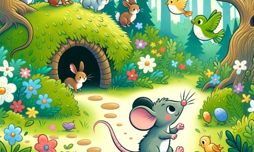 Une illustration pour enfants représentant une petite souris curieuse qui explore le monde au-delà de son trou sous le sol de la prairie, et rencontre des animaux fascinants et dangereux dans une grande forêt.