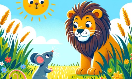 Une illustration destinée aux enfants représentant une petite souris aventurière qui se retrouve face à un lion affamé dans un champ ensoleillé entouré d'herbes hautes et de fleurs colorées.