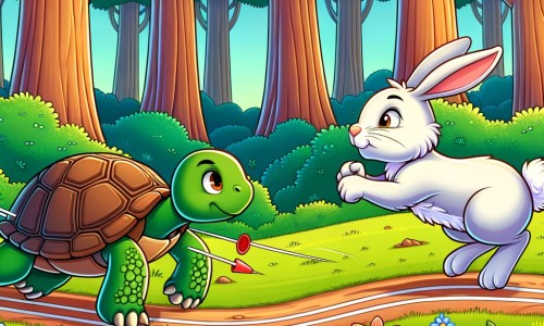 Une illustration destinée aux enfants représentant une tortue déterminée à gagner une course contre un lièvre arrogant, dans une forêt luxuriante où les arbres s'élèvent majestueusement et les fleurs multicolores parsèment le sol.