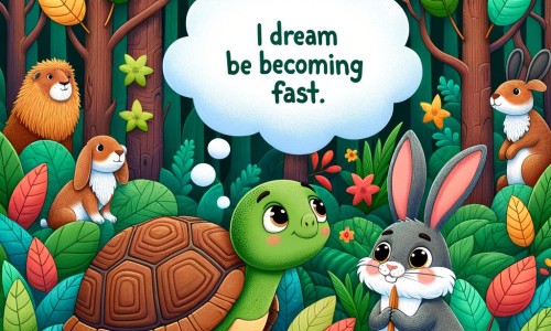 Une illustration destinée aux enfants représentant une adorable tortue qui rêve de devenir rapide, accompagnée d'un sage lièvre, dans une forêt dense et luxuriante remplie de feuilles colorées et d'animaux curieux.