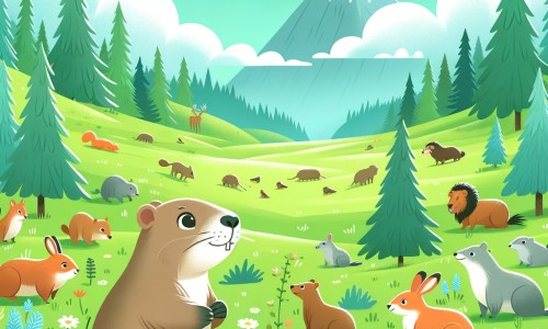 Une illustration destinée aux enfants représentant une marmotte curieuse dans une prairie verdoyante, découvrant une vallée magique où les animaux vivent en harmonie et en paix.