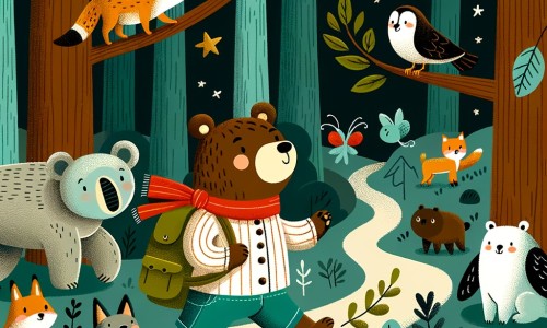 Une illustration destinée aux enfants représentant un ourson curieux et courageux, accompagné de ses amis animaux, dans une forêt dense et sombre, où ils vivent de grandes aventures et découvrent des leçons de vie.