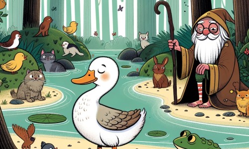 Une illustration pour enfants représentant un canard maladroit qui a du mal à voler, se sentant triste et seul, sur le bord d'une rivière.