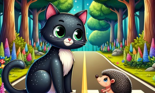 Une illustration destinée aux enfants représentant un chat noir, au pelage brillant et aux yeux malicieux, qui aide un petit hérisson à traverser une route bordée d'arbres majestueux et de fleurs colorées, dans une forêt enchantée.