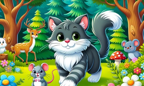 Une illustration destinée aux enfants représentant un chat malin et rusé, accompagné d'une petite souris, se trouvant dans une forêt luxuriante avec des arbres majestueux, des fleurs colorées et des animaux curieux.