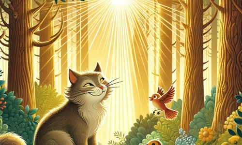Une illustration destinée aux enfants représentant un chat malin et rusé se trouvant dans une forêt enchantée, accompagné d'un petit oiseau, tandis que les rayons du soleil filtrent à travers les arbres majestueux.