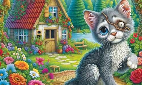 Une illustration destinée aux enfants représentant un adorable chaton gris, avec un œil en moins et une patte tordue, qui vit dans une petite maisonnette au bord de la forêt, entourée de fleurs colorées et d'arbres majestueux.
