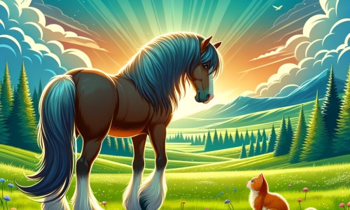 Une illustration pour enfants représentant un fier cheval solitaire vivant dans une vaste prairie verdoyante.