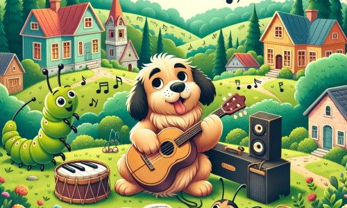 Une illustration destinée aux enfants représentant un chien talentueux et passionné de musique, qui part à la recherche de l'instrument parfait avec l'aide d'une chenille parlante, dans un village pittoresque entouré d'une magnifique forêt verdoyante.