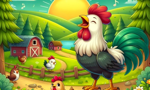 Une illustration destinée aux enfants représentant un fier coq chantant au lever du soleil, accompagné d'une petite poule perdue, dans une ferme pittoresque entourée de collines verdoyantes et d'une forêt mystérieuse.