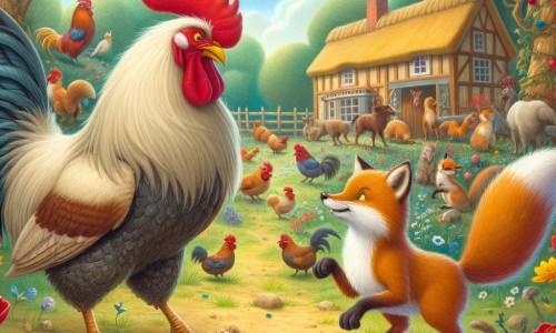 Une illustration pour enfants représentant un fier coq protecteur, confronté à un renard rusé, dans une ferme animée.