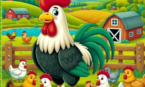 Une illustration destinée aux enfants représentant un fier coq dans une ferme isolée, protégeant ses poules des prédateurs, avec en arrière-plan un paysage champêtre verdoyant et paisible.