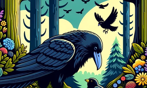 Une illustration destinée aux enfants représentant un corbeau solitaire, aux plumes noires comme la nuit, qui rencontre un petit oiseau blessé à l'aile cassée, dans une forêt enchantée où les arbres sont majestueux et les fleurs multicolores.