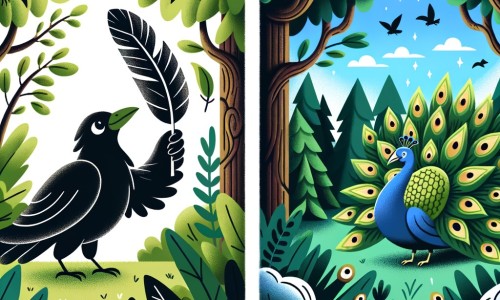 Une illustration destinée aux enfants représentant un corbeau avec une plume brillante, se sentant différent des autres corbeaux, se rendant dans une forêt verdoyante où il rencontre un majestueux paon.