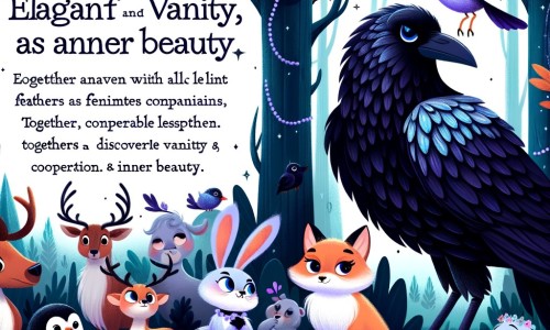 Une illustration pour enfants représentant un corbeau fier de sa voix, qui vit dans une forêt dense et sombre, et qui apprend une leçon sur la vanité et l'importance de la prudence.