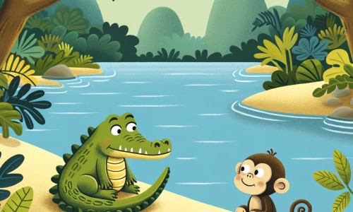 Une illustration destinée aux enfants représentant un crocodile solitaire, assis tristement sur la rive d'une rivière luxuriante de la jungle, jusqu'à ce qu'un petit singe curieux apparaisse à ses côtés, prêt à devenir son ami.