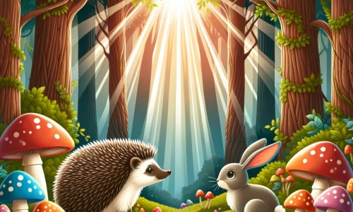 Une illustration destinée aux enfants représentant un petit hérisson solitaire, entouré de champignons colorés, faisant face à un lapin affamé, dans une clairière enchantée de la forêt, baignée de rayons de soleil filtrant à travers les arbres majestueux.