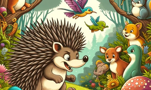 Une illustration destinée aux enfants représentant un courageux hérisson aux épines piquantes, se retrouvant face à un grand danger dans une forêt enchantée peuplée d'animaux curieux et colorés.