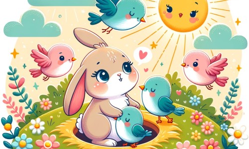 Une illustration destinée aux enfants représentant un adorable lapin rêveur, entouré d'oiseaux colorés, qui s'entraîne à voler avec l'aide bienveillante de ses amis lapins, dans un terrier douillet et fleuri au cœur d'une prairie ensoleillée.