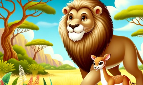 Une illustration destinée aux enfants représentant un lion majestueux et puissant, accompagné d'une petite gazelle, dans une savane africaine luxuriante avec des arbres géants, des herbes hautes et un ciel bleu éclatant.