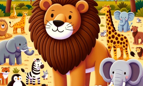 Une illustration destinée aux enfants représentant un lion majestueux, entouré de ses amis animaux, dans la savane africaine, où ils vivent en harmonie.