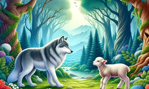 Une illustration destinée aux enfants représentant un loup solitaire au pelage argenté, croisant le regard d'une brebis égarée, dans une forêt enchantée aux arbres majestueux et aux fleurs chatoyantes.