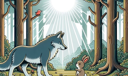 Une illustration pour enfants représentant un loup solitaire et méchant dans une forêt effrayante qui souhaite désespérément se faire des amis.