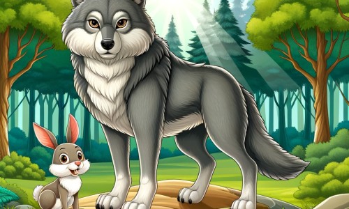 Une illustration pour enfants représentant un loup malicieux se trouvant dans une forêt mystérieuse où des aventures inattendues l'attendent.