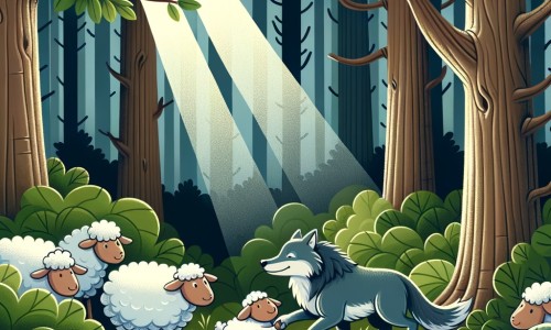 Une illustration destinée aux enfants représentant un loup solitaire, rejeté par les autres animaux de la forêt, qui découvre l'amitié grâce à une petite brebis courageuse, dans une forêt sombre et dense avec des arbres majestueux, des buissons touffus et des rayons de soleil filtrant à travers les feuilles.