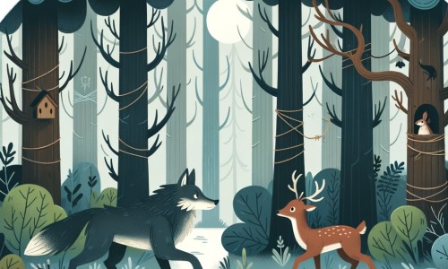 Une illustration destinée aux enfants représentant un loup solitaire au pelage sombre, se retrouvant dans une forêt dense et mystérieuse, où il fera la rencontre d'une biche emprisonnée, changeant ainsi le cours de sa vie.